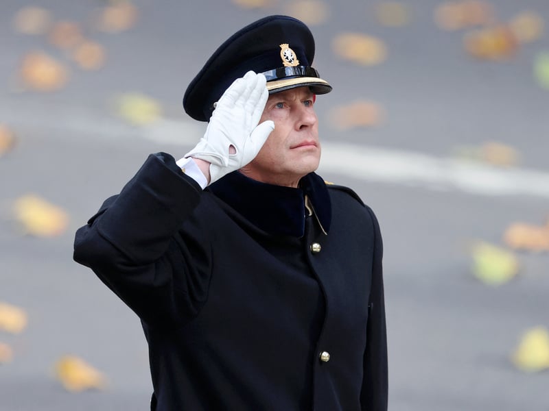 Prince Edward, Duke of Edinburgh, salutes during the Remembrance Sunday ceremony at the Cenotaph on Whitehall in central London.
