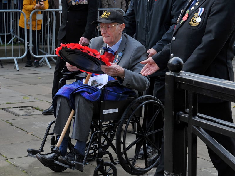 D Day veteran 102-year-old Jack Mortimer, of Seacroft, with his wreath. He was one of the first people to land on Sword Beach