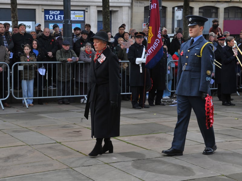 Helen Thomson, Vice Lord Lieutenant of West Yorkshire, lays a wreath.