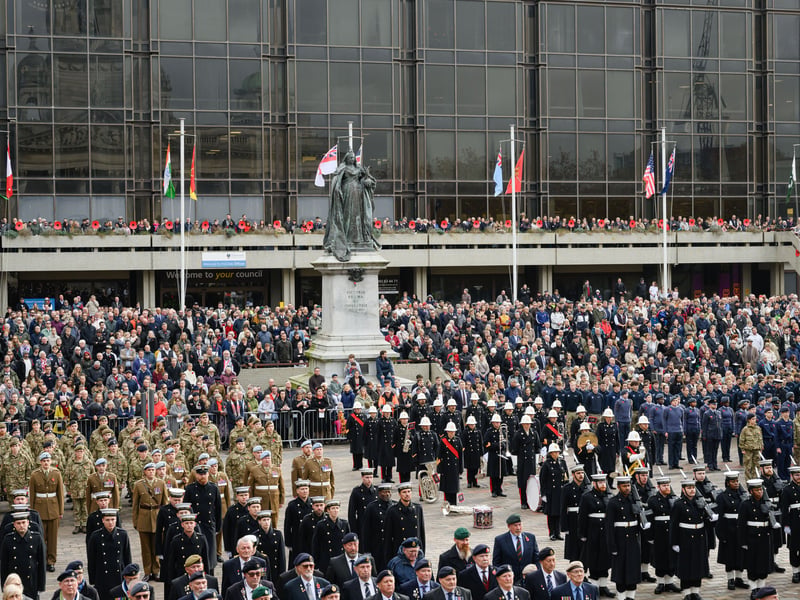 Large crowds gathered to honour the fallen during the Remembrance Sunday service at Guildhall Square.