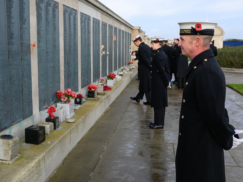 LH Kris Chatfield of HMS King Alfred Reservist Unit looks at the names on the Portsmouth Naval Memorial.
