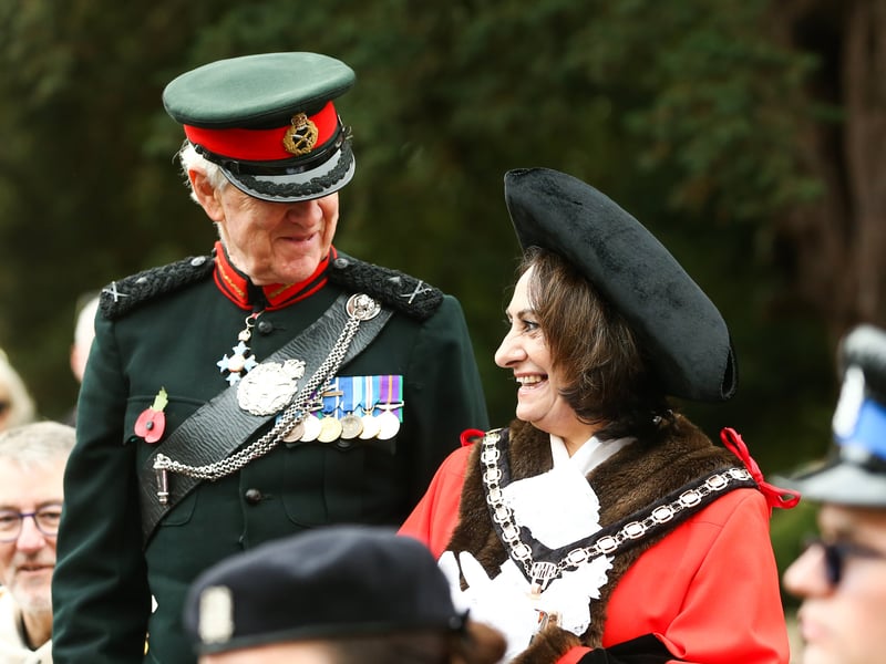 DL Major General James Balfour CBE and Havant Mayor Munazza Faiz overlooked the Havant remembrance parade as it marched off from St Faiths Church, Havant