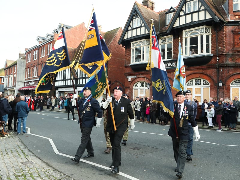 Three Standard-beaers leading the parade, all Falklands War veterans.