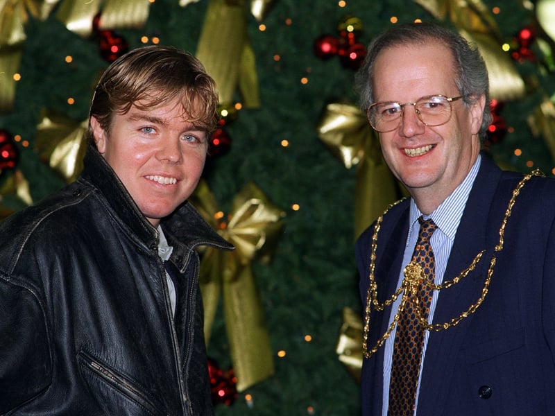 Leeds United star Tomas Brolin with deputy Lord Mayor of Leeds Coun Andrew Carter at the switch-on of the Christmas lights at Leeds City Station.