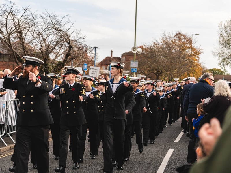 Cadets from HMS Sultan RNVCC march in the parade at Gosport War Memorial.