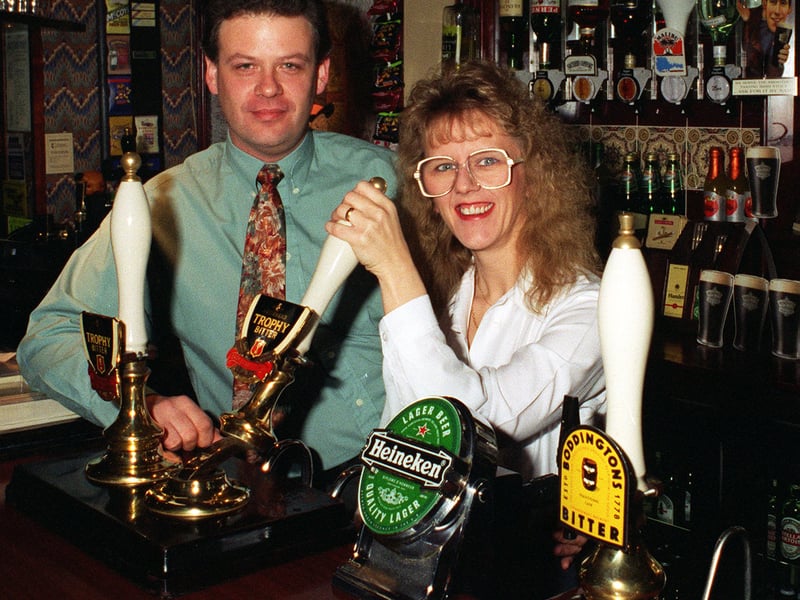 Paul and Julie Clark behind the bar at the Horsforth Hotel in November 1995.