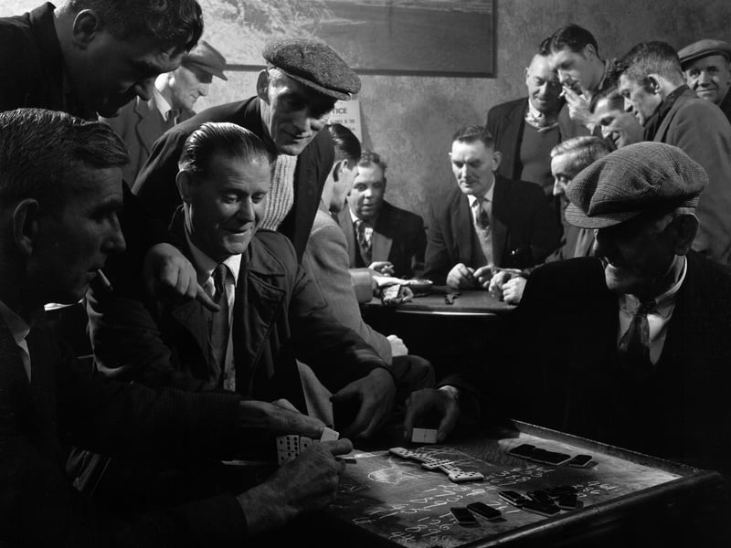 Playing dominoes and cards at the miners' welfare club, Horden Colliery, Sunderland, in 1964
