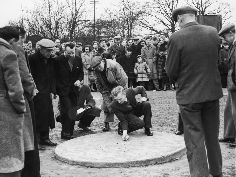 Harry Langridge in action during the traditional Good Friday World Marble Championships at Tinsley Green, Sussex, in March 1951