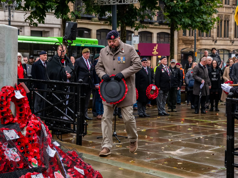 Former Serviceman Simon Brown of Morley, laying a wreath at the Leeds Cenotaph.