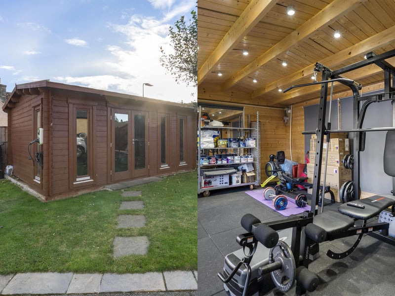 A detached timber outhouse currently houses a gym and offers excellent potential as a home office or studio.