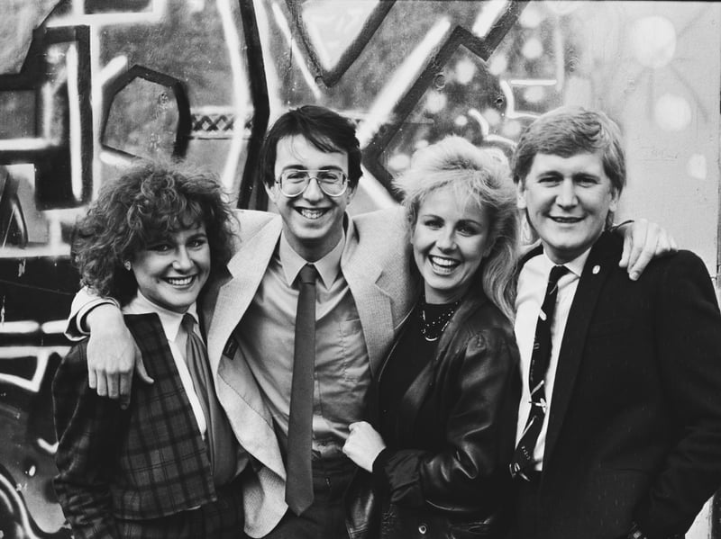 Actress Jan Ravens, journalist Tom Brook, TV presenter Sarah Greene, and radio presenter Mike Smith, the presenting team for BBC TV show Friday People, pictured in January 1985