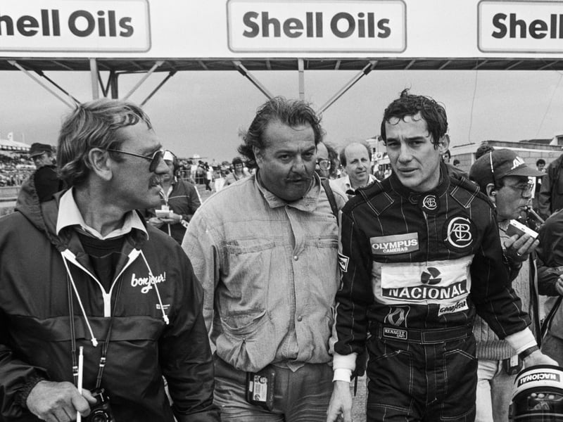 Grand Prix driver Aryton Senna, racing for Lotus-Renault, during the practice sessions for the British Grand Prix at Silverstone in July 1985