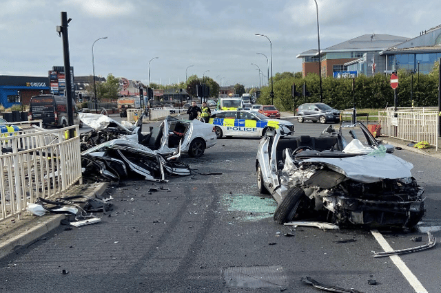 Photos of obliterated cars after 'selfish' 70mph driver ran red light