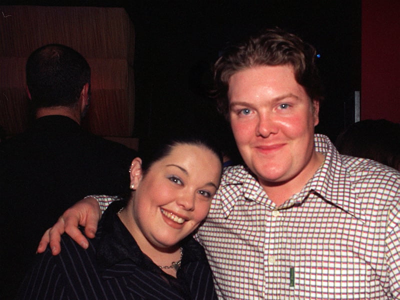 Emmerdale star Lisa Riley, who plays Mandy Dingle, with her on-screen boyfriend, Paddy Kirk, played by Dominic Brunt, at the opening of Barcelona nightclub, in Birstall, near Leeds, in 1997