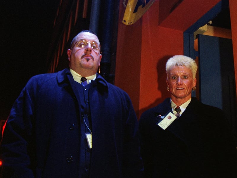 Bouncers Tony Simpson and Gail Boulton outside the Orchid nightclub, on Carver Street, Sheffield, in 1999