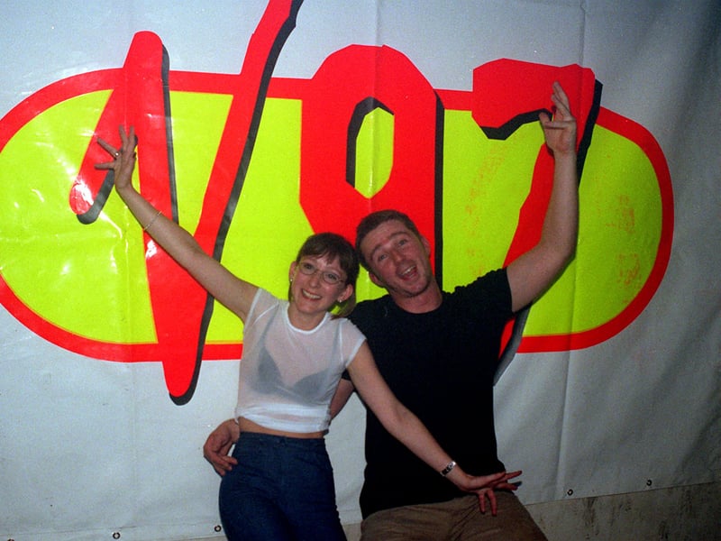 Prize draw winners Jo Bennett and Scott Dunwoodie at the launch of V97 at the Warehouse nightclub, Leeds, in 1997