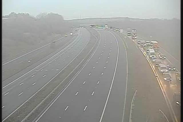 Pictures shows traffic being diverted from the empty M1 this morning, near Barnsley. Photo: National Highways / trafficcameras.uk/