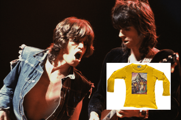 This is an extremely rare, original vintage 1976 long-sleeve T-shirt, manufactured in Portugal for The Rolling Stones' 'Tour of Europe '76'. The tour supported their boundary-pushing Black and Blue album. This vibrant yellow garment features a stunning full-colour 'Psychedelic' artwork design on the front. A genuine survivor from the era, the 100% cotton shirt shows only minimal signs of wear or discolouration despite its nearly 50 years of age. Its well-preserved condition makes this an excellent, museum-quality vintage example for serious Stones collectors.