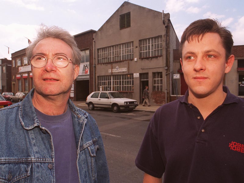 Keith Wilson and Andy Needham pictured outside the building on Brown Street, Sheffield, they are developing into the Bar Central music venue, in May1997