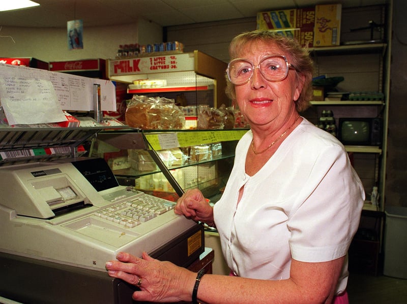 Hazel Wragg at the corner shop, on Shoreham Street, Sheffield, in May 1999