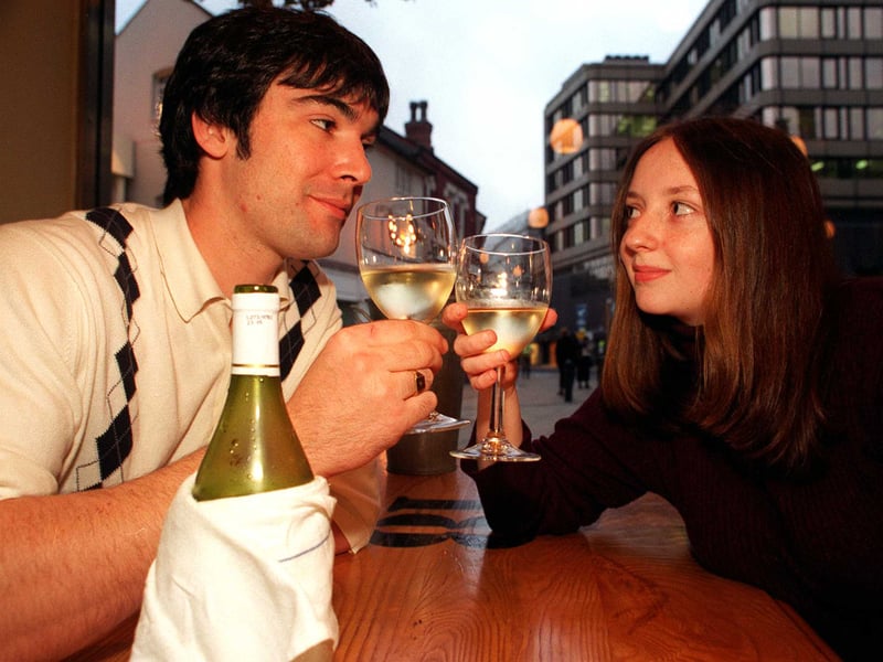 Alan McGowan and Vanessa Dempsey enjoy a glass of wine at the All Bar One wine bar, on Pinstone Street, Sheffield, in November 1997