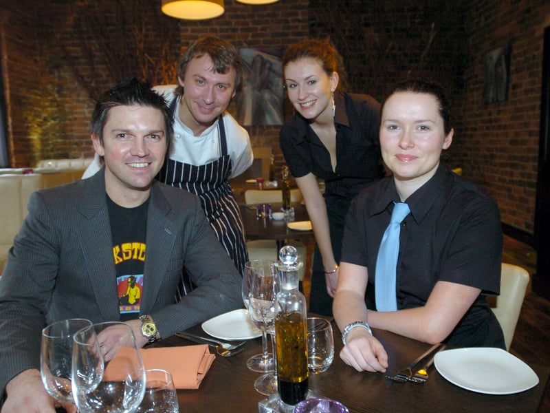 Manager Tony Culpitt, head chef Christian Szurko, waiter Katie Edwards and supervisor Lesley Mortimer-Wallace in the restaurant at Crystal Bar, on Carver Street, Sheffield, in March 2005