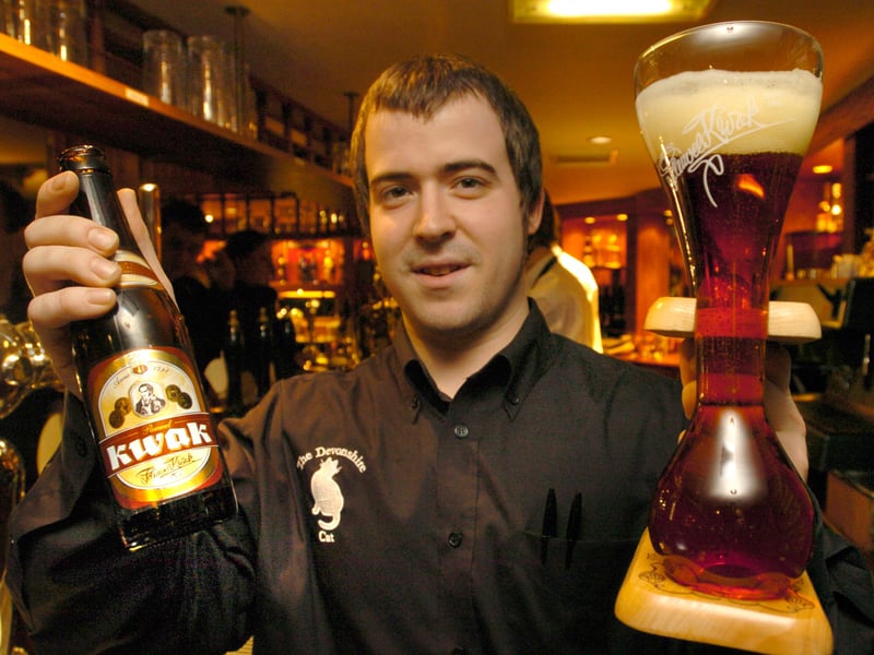 Ben Tysore with one of his specialist beers at the Devonshire Cat, on Wellington Street, Sheffield, in January 2006