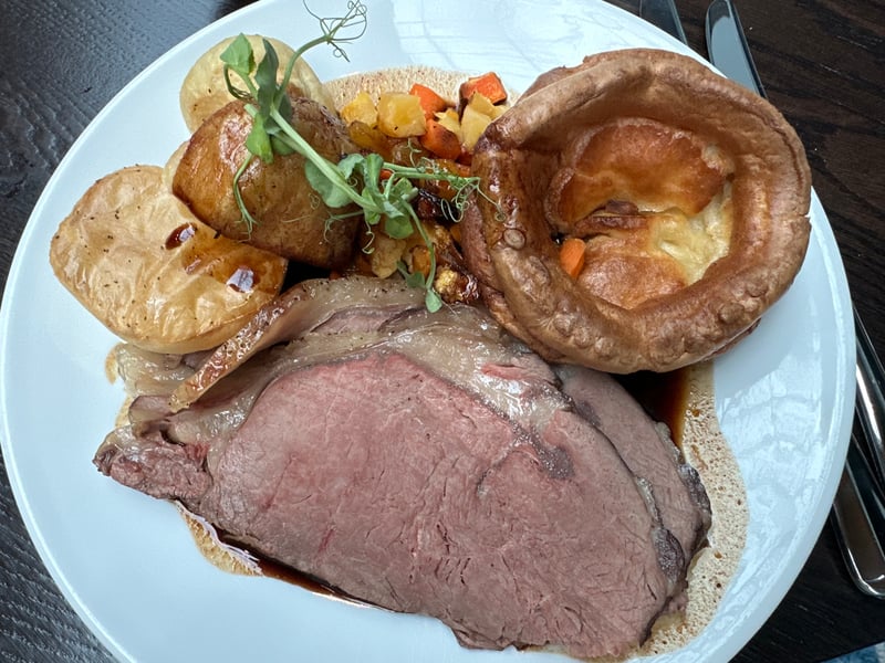 Our roast sirloin of beef Sunday brunch main course was served with Yorkshire pudding, roast potatoes, vegetables and pan juice.