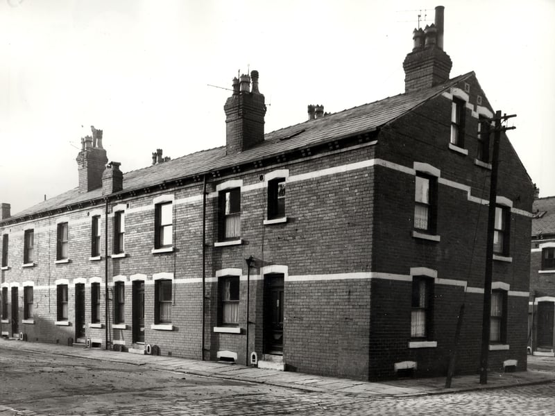 Back-to-back houses on Meynell Street pictured in November 1966. The name Meynell Street refers to Mrs Meynell Ingram who originally owned the land on which these houses were built. Her estate was sold in the 1890s. The name is retained in Meynell Square a housing development built after slum clearance.