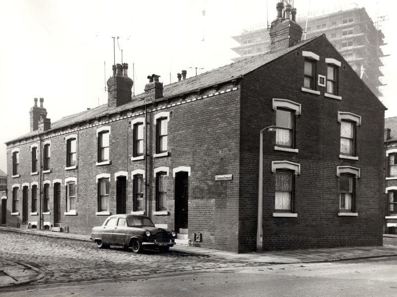 Odd numbered back-to-back houses on Gordon Street, seen from Nineveh Street. Numbers run from 33 to 39 left to right. These houses await demolition in line with slum clearance plans for the Holbeck area. Pictured in November 1966.