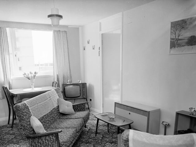 A typical living room in the multi-storey flats at Dallfield, in Dundee, in October 1962.