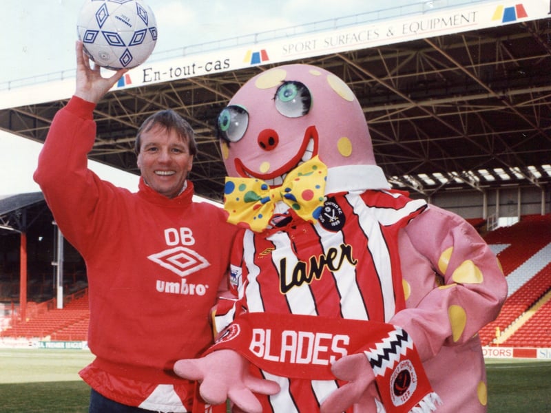 Mr Blobby at Bramall Lane with Dave Bassett in March 1993