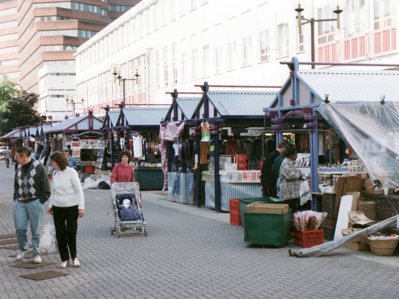 Stalls at Moorfoot Market, Sheffield, in November 1993