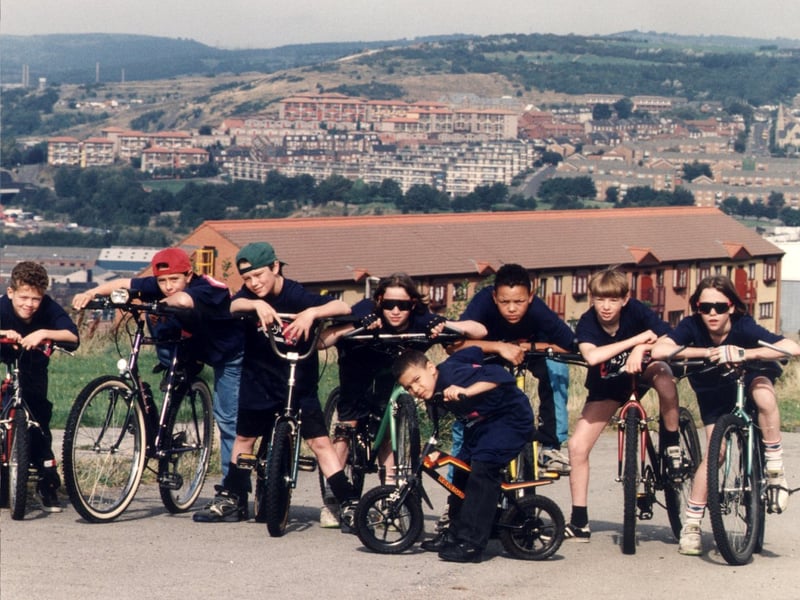 Young cyclists who cycled around Sheffield's Hyde Park flats in September 1993 to raise funds for a football pitch on the estate