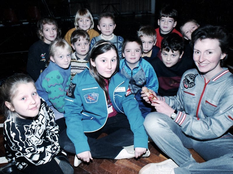 Sheffield's Helen Sharman, the first Briton in space, pictured with children at Gleadless School in January 1993