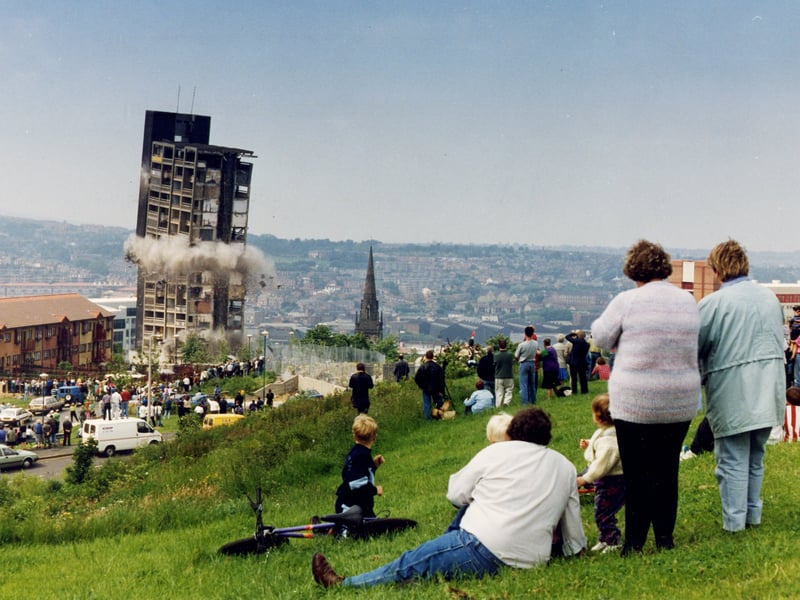 The final derelict block of Sheffield's Hyde Park flats complex is demolished as people look on in June 1993. Completed in 1965, Hyde Park was initially hailed as a futuristic 'village in the sky' but fell out of favour, with some unhappy residents branding it Alcatraz, after the notorious US prison.