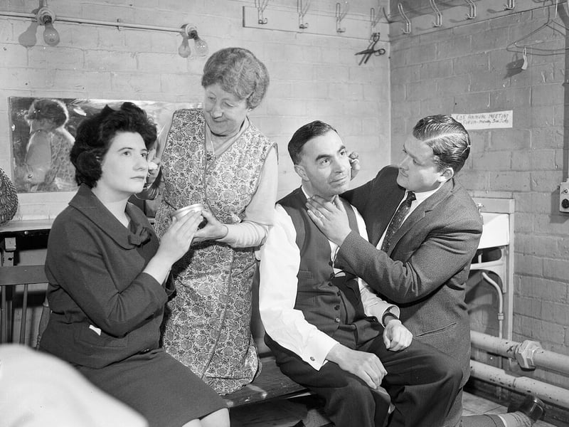 The Chamberlain Players at North Morningside Church Dramatic Club applying make-up backstage for 'The Testimonial' in the Gateway Theatre in May 1963.