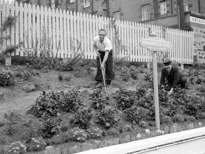 Morningside Station Stationmaster Thomas Dagg and Head Porter Frank Ramsay work on the flower beds in August 1961.