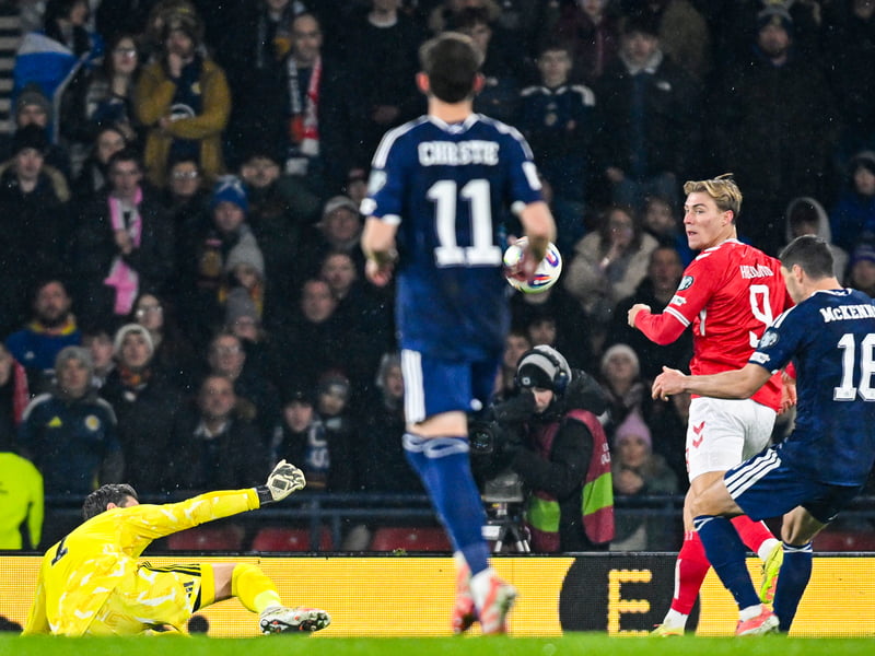 While Scotland were put under strain in the first half, the goalkeeper wasn't overworked. Pulled off a good save from Rasmus Hojlund at the start of the second half, plunging low to block his snapshot. Went the wrong way for the penalty and had no chance with the second goal. 7