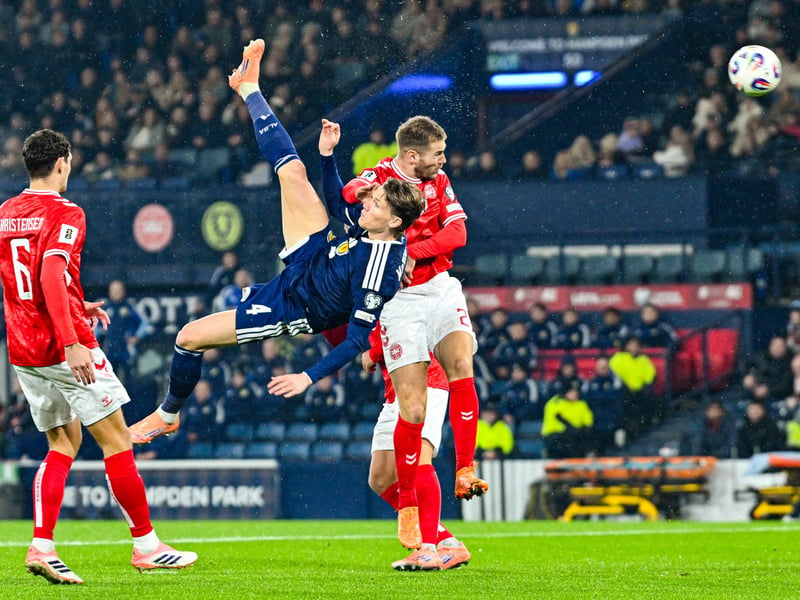 Okay Scott, you've done one great bicycle kick for Napoli, now just replicate it for Scotland. No problem. What a goal to set Scotland on their way, the sort of moment that gets you a spot at the World Cup. Was a menace all evening for the Danes. Get that goal hung in the Louvre. For that alone sir, you get 10.