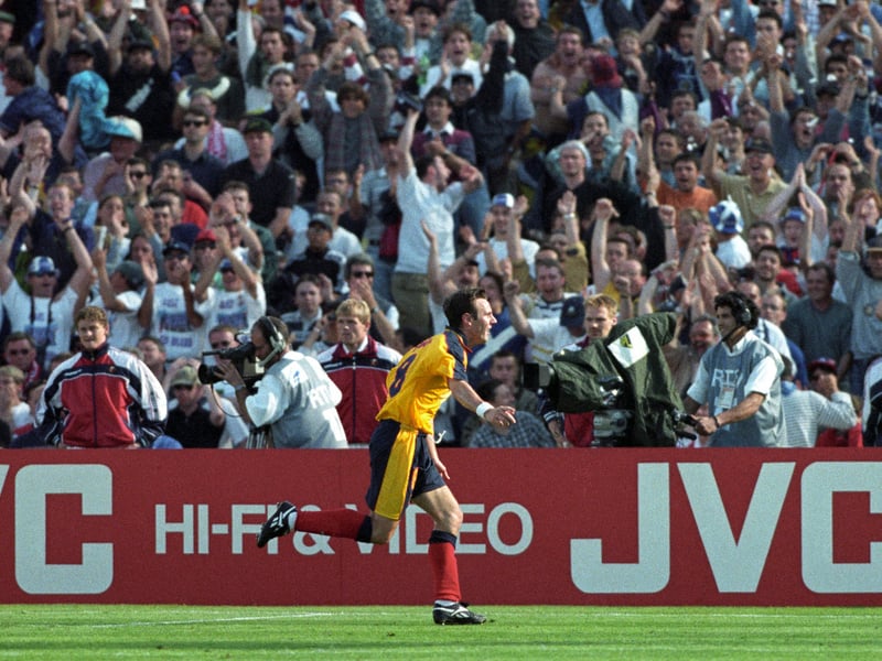 Craig Burley celebrates in front of the Scotland fans after equalising on 66 minutes against Norway.