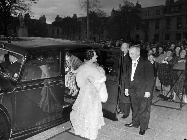 The Queen Mother and Princess Margaret arriving at the Gaelic Mod at Aberdeen Music Hall in October 1955.