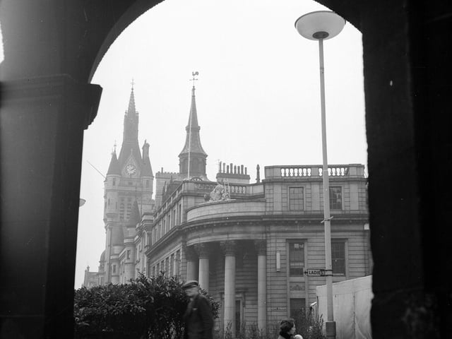 The tower of Town House pictured through the Arches of the Mercat Cross in Aberdeen in December 1964.