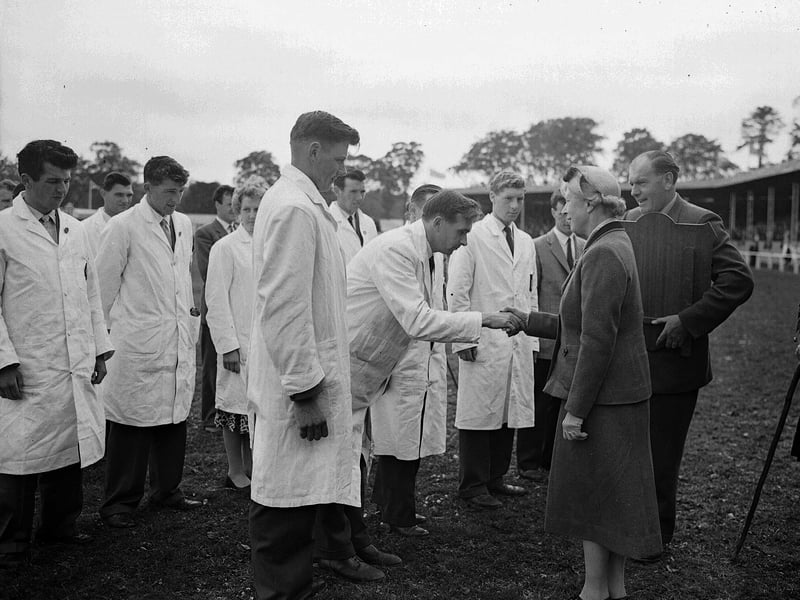 The Princess Royal presenting the Scotsman Trophy to young farmers at the Highland Show in Aberdeen in June 1959.