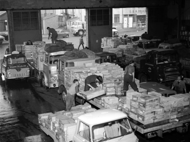 Fish merchants' vans loading at Aberdeen depot in November 1965.