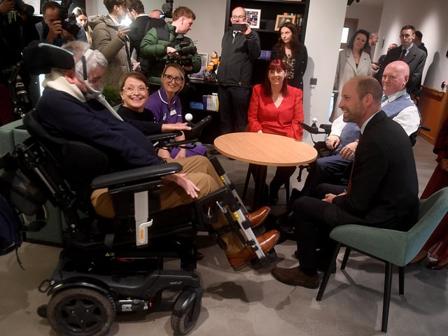 The Prince of Wales is pictured chatting to patient Ian Flatt with his wife Rachel at the opening at the new MND centre in Leeds.

