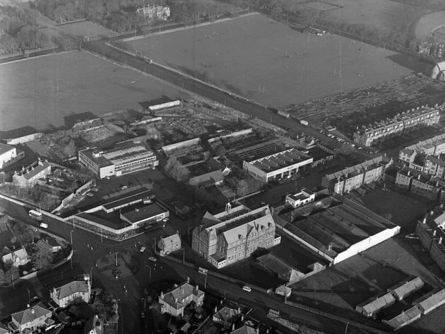 An aerial view of the western end of Stockbridge - showing the bottom of Orchard Road South with Flora Stevenson Primary School in foreground, and looking north to Fettes.