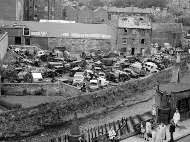 Overlooking the cars in a scrapyard behind Deanhaugh Street in Stockbridge, Edinburgh in August 1966