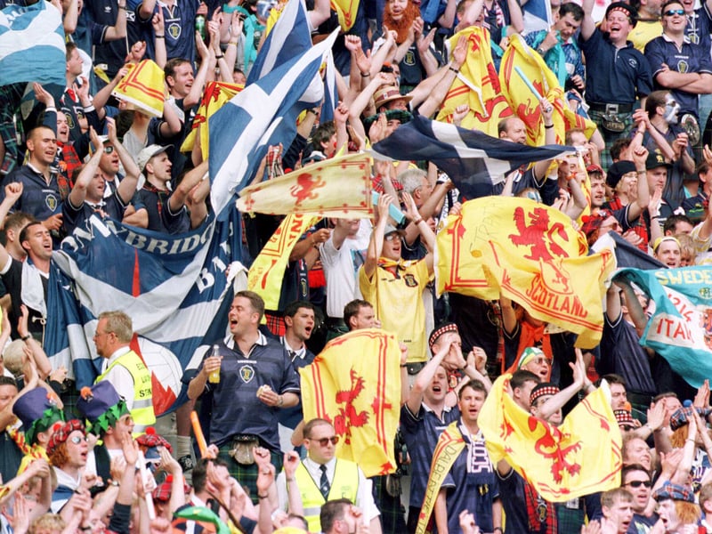 The Tartan Army in full swing during the Scotland v Brazil match, which opened the France 98 World Cup