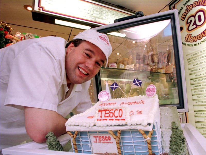 Mr Boni's cake decorator Craig Dooner celebrates the move of Mr Boni's ice cream into Tesco in Musselburgh in 1998